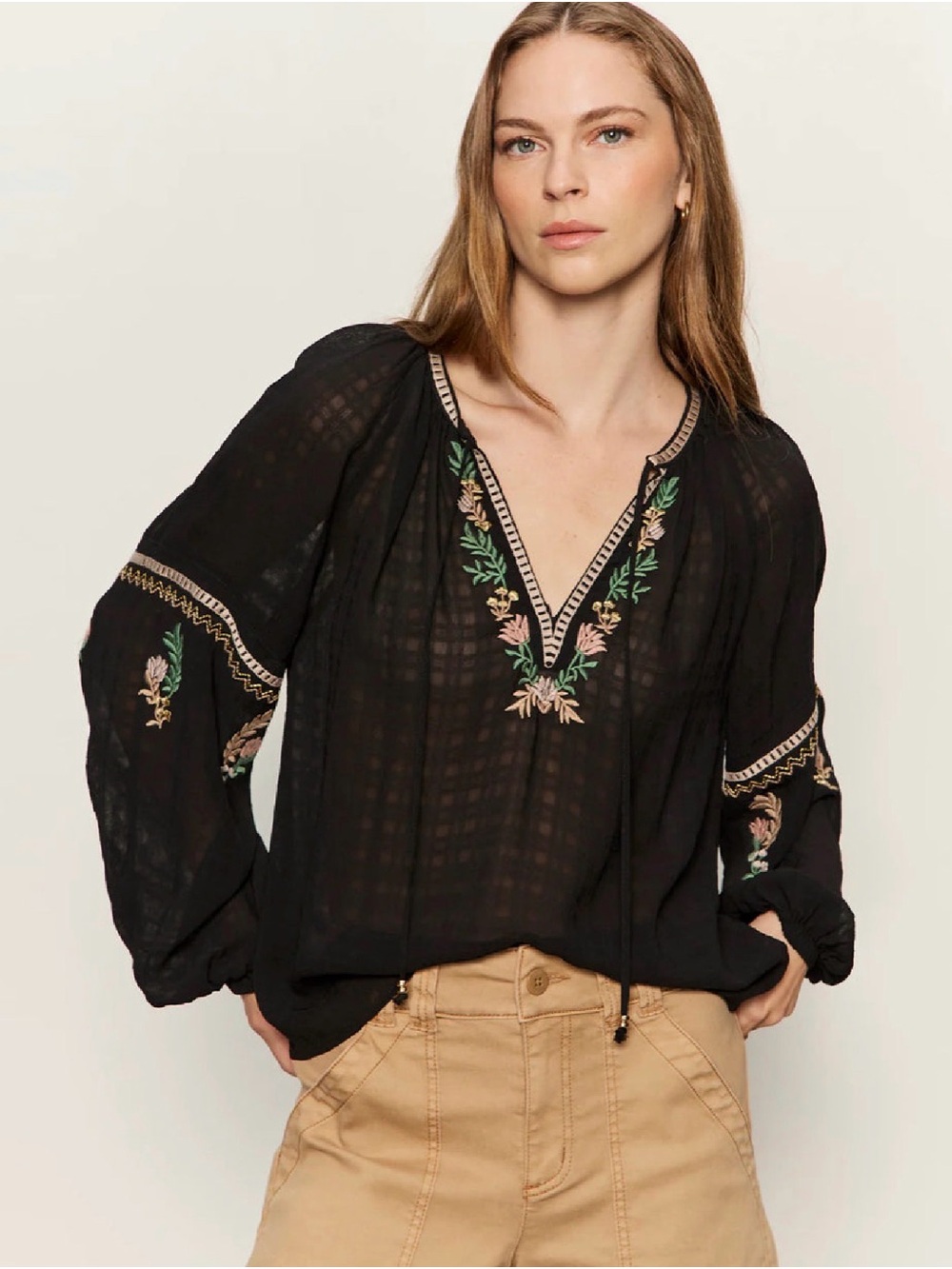 Sanctuary Black Embroidered V-Neck Peasant Blouse